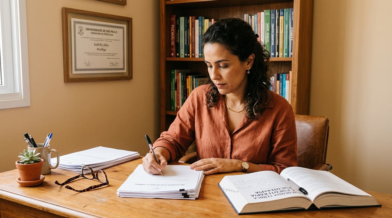 Psicóloga elaborando laudo psicológico de avaliação no consultório