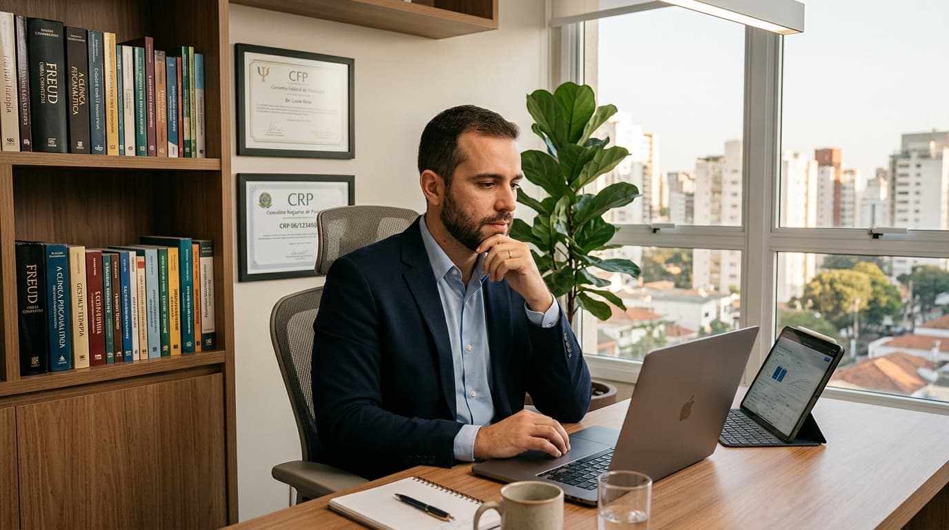 Psicólogo em São Paulo pesquisando software de prontuário eletrônico no computador em consultório